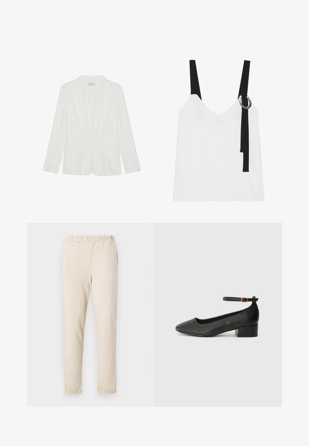 Fehér blézer sálgallérral, két elülső zsebbel és hosszú ujjakkal. Simább textúra, testre szabott illeszkedés és minimalista tervezési részletek.; Fehér ujjatlan felső V-nyakkal, fekete pántokkal és ezüst karika részlettel. Simább anyag és modern, minimalista dizájn.; Beige pamut nadrágok összegyűrt derékkal, egyenes szárú kialakítással és látható mintázat nélkül, sima textúrával és egyszerű szegéllyel.; Fekete bőr magassarkú cipő hegyes orral és alacsony tömb sarkal. Bokapánttal rendelkezik, aranyszínű csattal. Simább textúra.
