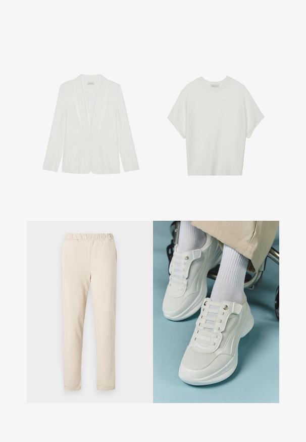 Hvid blazer med sjalslapels, to forlommer og lange ærmer. Glat tekstur, skræddersyet pasform og minimalistiske designdetaljer.; Hvid kortærmet t-shirt med en bred rund hals og struktureret ribbet mønster, lavet af blødt stof, med en afslappet pasform og et enkelt design.; Beige bomuldsbukser med en samlet talje, lige ben-design og ingen synlige mønstre, der har en glat tekstur og en simpel kant.; Hvide sneakers med mesh-materiale, gummisål, snørebåndsfri design med elastiske bånd og guldtonede accenter.