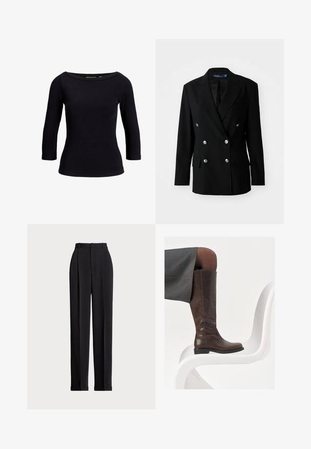 Svart dubbelknäppt blazer i ett mjukt material, med silverfärgade knappar, två framfickor och en skålad slagdesign.; Svart ribbad topp med båturringning och trekvartslånga ärmar, tillverkad av stretchigt tyg, med en figurnära design och slät textur.; Svarta skräddarsydda byxor med hög midja, med veck framtill, rak bendesign och uppvikte nederdelar. Tillverkade av ett slätt tyg.; Brun läderkänga i knähöjd med rund tå, slät textur och minimala sömsdetaljer, placerad mot en ljus bakgrund på en vit stol.