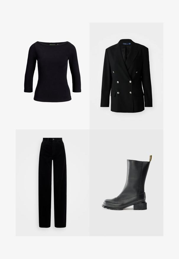 Blazer preto de dupla abotoadura em tecido suave, com botões de prata, dois bolsos frontais e design de lapela recortada.; Top preto canelado com decote barco e mangas três quartos, feito de tecido elástico, apresentando um design justo e uma textura suave.; Calças de corduroy pretas com cintura alta, design de perna larga e um único botão frontal. Textura suave com nervuras verticais.; Botim de pele preta até ao tornozelo com um salto bloco, textura lisa, biqueira arredondada e uma aba de salto com uma marcação amarela.