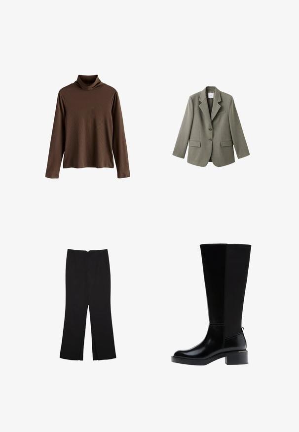 Olivgrüner Blazer mit Reverskragen, zwei Fronttaschen und zwei Knöpfen. Hergestellt aus strukturiertem Stoff, verfügt über eine einzelne Brusttasche.; Braunes, langärmliges Turtleneck-Oberteil aus Rippstoff; zeichnet sich durch einen hohen, gefalteten Kragen und eine lockere Passform mit geradem Saum aus.; Schwarze Hose mit geradem Schnitt, ausgestattet mit Fronttaschen und Seitenschlitzen am Saum. Hergestellt aus weichem, glattem Stoff. Geeignet für verschiedene Anlässe.; Schwarzer kniehoher Stiefel aus glattem Leder, mit markanten Nähten, klobigem Absatz und einer strukturierten Rückseite für zusätzlichen Akzent.