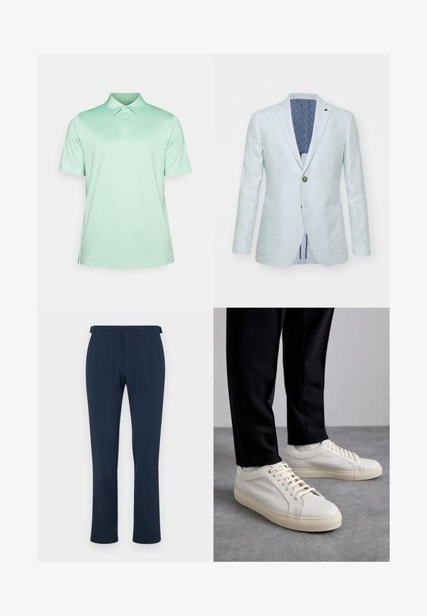 Michael Kors Pikkutakki - light blue; Minttivihreä polo-paita, jossa on klassinen kaulus, lyhyet hihat, kaksinappinen napitus ja sileä, kevyt kangas.; Merimaskiset housut sileästä kankaasta, suoran lahkeiden muotoilun kanssa, vyölenkeillä ja yhdellä nappikiinnityksellä. Minimalistinen tyyli ilman kuvioita.; Vaaleanbeige nahkakengät, joissa on litteät nauhat, teksturoitu pinta ja kontrastiväri kermanvalkoinen kumipohja, yhdistettynä mustiin kapeisiin housuihin.