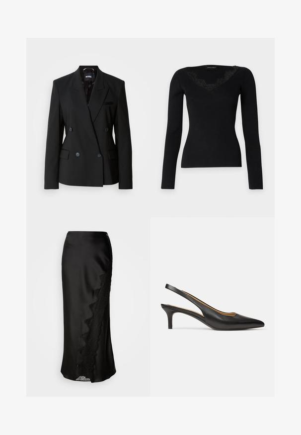 Černé dvouřadé sako vyrobené z hladké tkaniny, s klopovým límcem, dvěma předními kapsami a decentními knoflíky na zapínání.; Černý dlouhý rukáv ribbovaný top s výstřihem do V a krajkovými detaily. Tkanina má hladkou a přiléhavou texturu, ideální pro vrstvené outfity.; Černá saténová sukně s texturovaným povrchem, krajkovým lemem na jedné straně a rovnými liniemi. Obsahuje nenápadný boční rozparek a zapínání.; Černý kožený slingback střevíc s špičatou špičkou a nízkým jehlovým podpatkem, zobrazený z boku na čistě bílém pozadí.