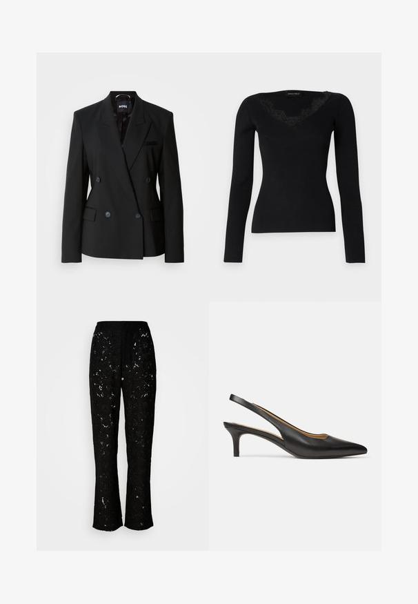 Blazer negru cu două rânduri de nasturi, realizat dintr-un material neted, având rever în formă de V, două buzunare frontale și nasturi subtili pentru închidere.; Bluză neagră cu mâneci lungi, din material ribat, cu decolteu în V și accente din dantelă. Textura țesăturii pare netedă și ajustată, potrivită pentru ținute în straturi.; Pantaloni negri din dantelă cu un model floral, design cu picioare largi și o textură netedă. Prezintă o talie și o siluetă fluidă.; Pantof negru din piele cu baretă pe spate, cu vârf ascuțit și toc scurt tip kitten, prezentat din lateral pe un fundal alb simplu.