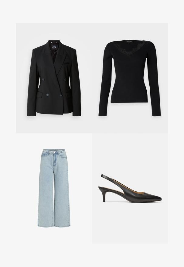 Crni dvoredni sako od glatke tkanine, s rever kragnom, dva prednja džepa i diskretnim dugmadima za zatvaranje.; Crni dugi rukav ribani top s V-izrezom i čipkastim detaljima. Tekstura tkanine čini se glatkom i uskom, pogodnom za slojevite kombinacije.; Svijetloplave široke traperice s visokim strukom, prednjim dzepovima i kopčanjem na dugme. Imaju izbjeljenu teksturu i čiste linije.; Crna kožna salonka s remenom oko pete, šiljastim vrhom i niskom petom, prikazana iz profila na jednostavnoj bijeloj pozadini.