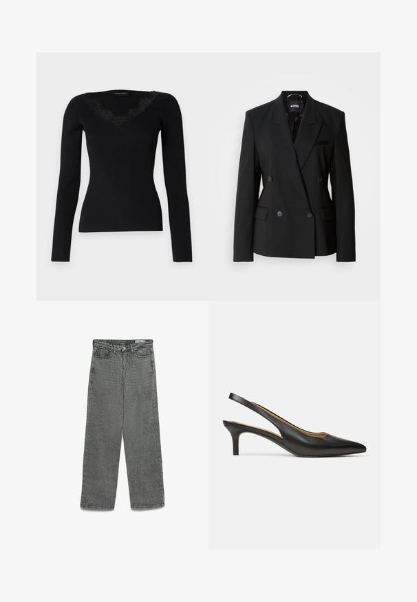 Svart dubbelknäppt blazer i en glansig tygkvalitet, med slagkrage, två framfickor och diskreta knappar för stängning.; Svart långärmad ribbad topp med V-ringning och spetsdetaljer. Tygets textur verkar slät och åtsittande, vilket gör den lämplig för lager på lager-stilar.; Höga gråjeans med rak benstil, knap und dragkedja, bälteshällor samt fram- och bakfickor.; Svart pumps i läder med öppen hälrem, spetsig tå och låg kittenklack, sedd från sidan mot en enkel vit bakgrund.