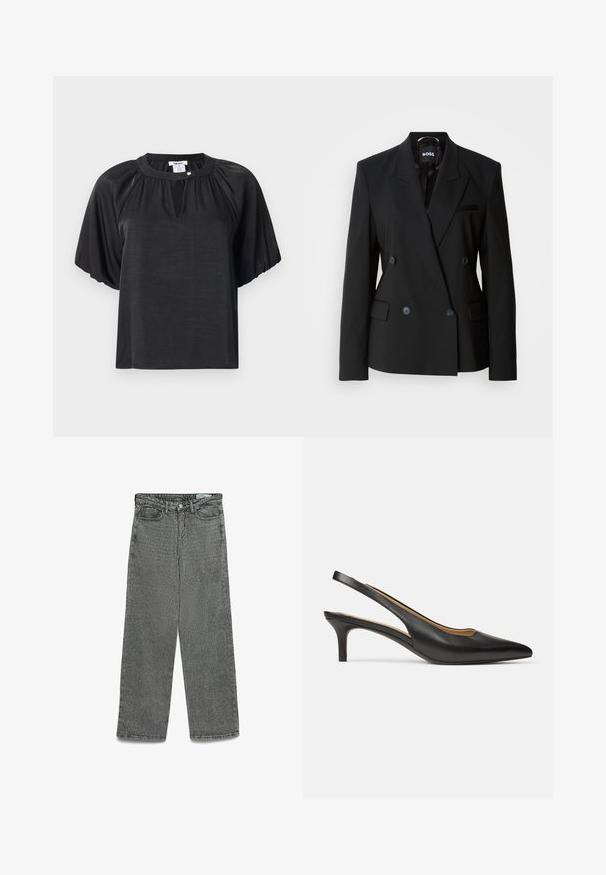 Juodas dvigubai užsegamas švarkas, pagamintas iš lygios medžiagos, su išpjova ant kaklo, dviem priekinėmis kišenėmis ir subtiliomis mygtukais užsegimui.; Juoda trumpomis rankovėmis viršutinė dalis, pagaminta iš lengvos medžiagos, su apvaliu iškirpimu, plisuotais akcentais ir maža mygtuko detalė prie apykaklės.; Aukštos liemens pilkos džinsinės kelnės su tiesiu kojų kirpimu, su mygtuku ir užtrauktuku, diržo kilpomis, priekinėmis ir užpakalinėmis kišenėmis.; Juoda odinė slingback stiletto su smailiu priekeliu ir žemu katino kulniuku, pavaizduota šonu ant balto fono.