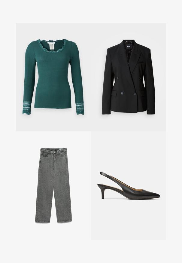 Black double-breasted blazer made of smooth fabric, featuring a notched collar, two front pockets, and subtle buttons for closure.; Rosemunde Long sleeved top - sea moss; High-waisted gray jeans with a straight leg cut, button and zipper closure, belt loops, and front and back pockets.; Black leather slingback pump with pointed toe and low kitten heel, shown from side on a plain white background.