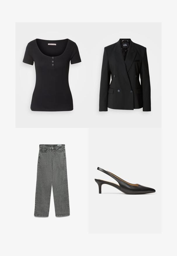 Black double-breasted blazer made of smooth fabric, featuring a notched collar, two front pockets, and subtle buttons for closure.; Black ribbed t-shirt with short sleeves and a wide scoop neckline. Features three silver button accents at the front. Soft texture.; High-waisted gray jeans with a straight leg cut, button and zipper closure, belt loops, and front and back pockets.; Black leather slingback pump with pointed toe and low kitten heel, shown from side on a plain white background.