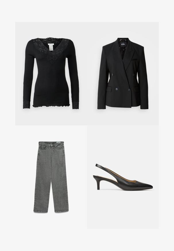 Melnā dubultā krūšu žakete, izgatavota no gludas auduma, ar iegrieztu apkakli, divām priekšējām kabatām un diskrētām pogām aizdarei.; Melnas garām piedurknēm topiņš ar ribotu tekstūru, kas iekļauj ziedu mežģīnes apkakli un mežģīņu akcentus pie aprocēm. Ripiņu apakšmalas detaļa.; Augsta vidukļa pelēkie džinsi ar taisnu kāju griezumu, pogu un rāvējslēdzēja aizdari, jostas cilpām, priekšējiem un aizmugurējiem kabatām.; Melna ādas slingbeka papēdis ar smailu purngalu un zemu kaķenītes papēdi, redzams no sāniem uz vienkārša baltā fona.