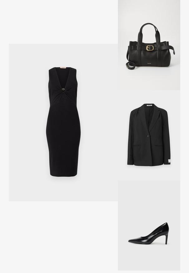 Svart blazer med notched lapel, enkel knappelukking, to frontlommer og en rektangulær merkelapp på ermet. Glatt tekstur.; Svart ermeløs kjole med dyp V-hals og vridd frontdetalj som har en sirkulær gullakent i midten. Kroppsnær passform til kneet.; Sorte skinnhøye hæler med spiss tå, glatt tekstur og avsmalnet hæl. Minimalistisk design, ingen ekstra dekorasjoner.; Svart lærveske med en strukturert design, doble topphåndtak, gullfarget spenneakent og preget merke-logo foran.