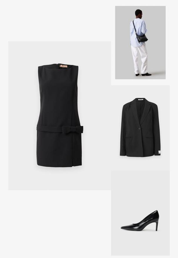 Juodas švarkas su iškirpta apykakle, vienu mygtuko užsegimu, dviem priekiniais kišenėmis ir stačiakampiu ženkleliu ant rankovės. Lygi audinio tekstūra.; Juodas be rankovių suknelė iš lygaus audinio, su juostele ant liemens, užtrauktuko uždarymu gale ir šoniniu įpjovimu. Minimalistinis dizainas.; Juodas odinis aukštakulnis batelis su smailiu pirštu, lygiu paviršiumi ir siauru kulnu. Minimalistinis dizainas, jokių papildomų puošmenų.; Juodas odinis petinis krepšys su minkšta tekstūra, trikampiu pavidalu ir reguliuojama juosta, derinamas su šviesiai mėlynu dryžuotu marškinėliu ir baltais džinsais.