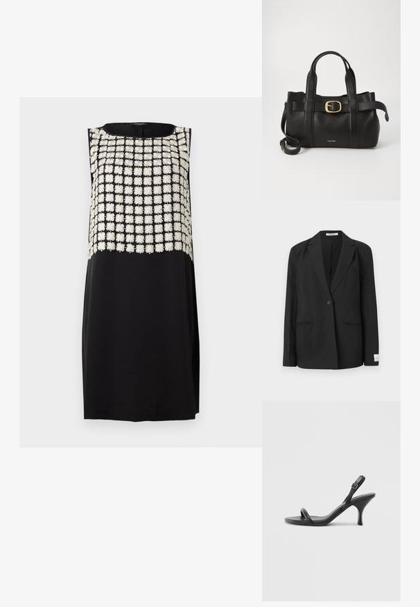 Svart blazer med notched lapel, enkel knappelukking, to frontlommer og en rektangulær merkelapp på ermet. Glatt tekstur.; Svart ermeløs kjole med en teksturert brodert overdel med hvite blomsterdesign. Glatt, ensfarget svart underdel.; Sorte skinnhøye hæler med en slank, buet hæl og et kryssrem-design. Justerbar ankelrem. Glatt tekstur.; Svart lærveske med en strukturert design, doble topphåndtak, gullfarget spenneakent og preget merke-logo foran.