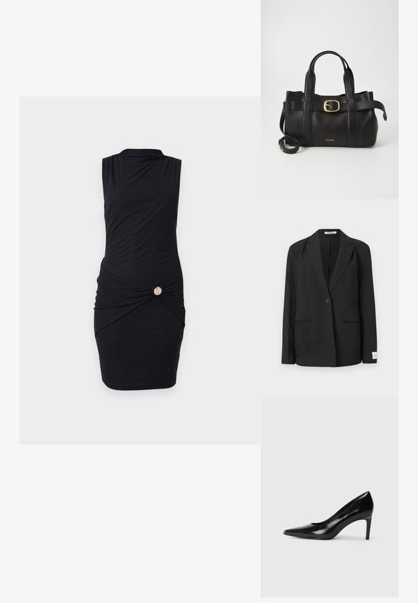 Black blazer with a notched lapel, single button closure, two front pockets, and a rectangular badge on the sleeve. Smooth fabric texture.; Black sleeveless dress with a mock neck, featuring ruching at the waist and a gold button accent on the side. Smooth fabric, form-fitting design.; Black leather high heel shoe with a pointed toe, smooth texture, and a tapered heel. Minimalist design, no additional embellishments.; Black leather handbag featuring a structured design, dual top handles, gold-tone buckle accent, and embossed brand logo at the front.