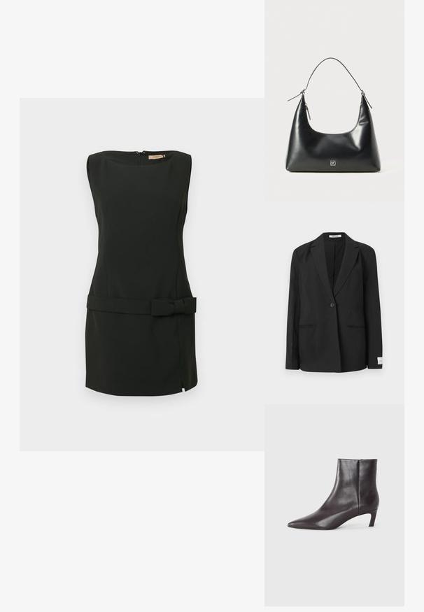 Fekete blézer kihajtott gallérral, egygombos záródással, két elülső zsebbel és téglalap alakú jelvénnyel az ujjon. Sima szövettextúra.; Fekete ujjatlan ruha, sima anyagból, testhezálló sziluettel, oldalsó hasítékkal és derékszíjon masnival díszítve. Hátul cipzáras záródás.; Fekete bőr bokacsizma hegyes orral és alacsony, macskaként hivatkozott sarkával, sima felülettel, oldalsó cipzárral, semleges háttér előtt bemutatva.; Fekete sima bőrből készült válltáska ívelt tetejével, egyetlen pánttal, cipzáras záródással és kis ezüst logó emblémával az elülső középen.