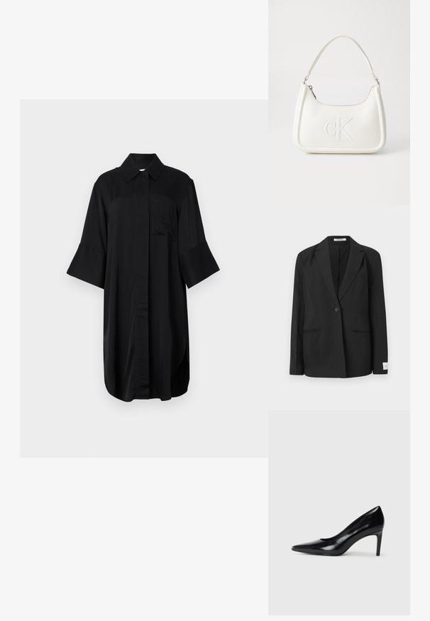 Černý blazer s klopu, jedním knoflíkovým zapínáním, dvěma předními kapsami a obdélníkovou nášivkou na rukávu. Hladká textura látky.; Černé šaty ve stylu košile s límečkem, krátkými zvonovými rukávy, přední kapsou a rovnou siluetou s hladkou texturou.; Černé kožené boty na vysokém podpatku s špičatou špičkou, hladkým povrchem a zúženým podpatkem. Minimalistický design, bez dalších ozdob.; Bílá kožená kabelka s křivkovým tvarem, na přední straně s vyraženým logem "CK" a jediným ramenním popruhem. Zipový uzávěr na vrchu.