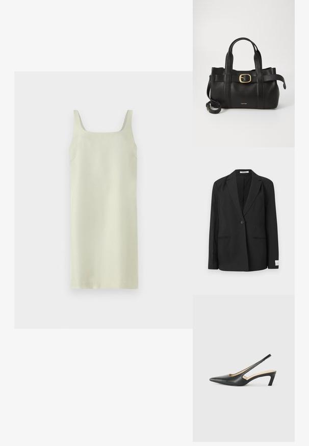 Blazer preto com lapela ponta de faca, fecho de botão único, dois bolsos frontais e um crachá retangular na manga. Textura de tecido suave.; Vestido sem mangas em verde claro com decote quadrado, textura suave e design minimalista; apresenta costuras laterais discretas sem embellishments adicionais.; Sandal com bico fino e calcanhar baixo, em couro liso, com um design recortado na lateral para respirabilidade.; Bolsa de couro preto com um design estruturado, alças superiores duplas, detalhe de fivela em tom dourado e logotipo da marca em relevo na frente.