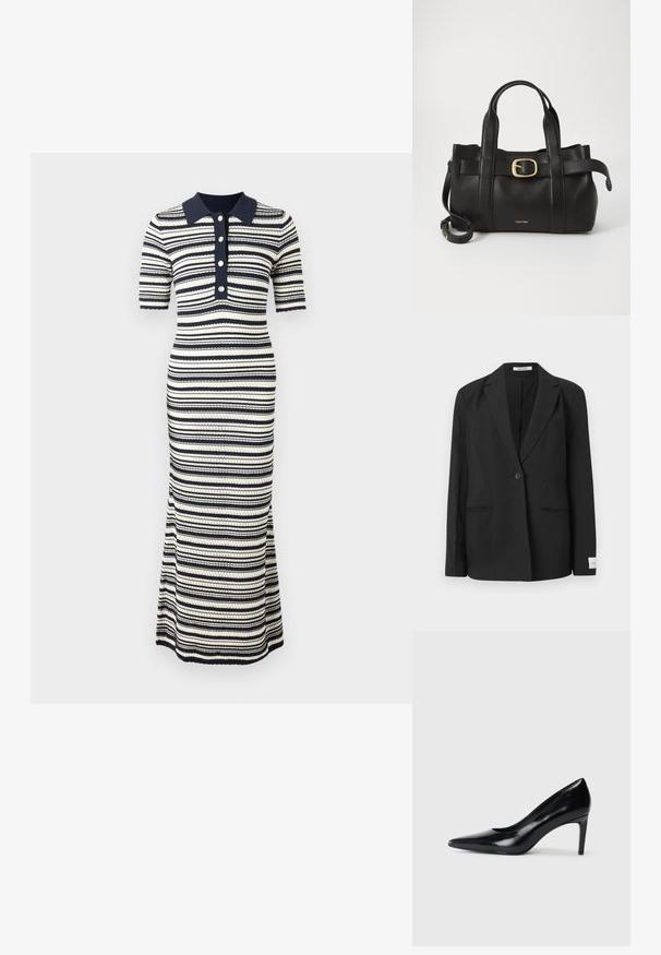 Schwarze Blazer mit Reverskragen, einreihigem Knopfverschluss, zwei vorderen Taschen und einem rechteckigen Abzeichen am Ärmel. Glatte Stoffstruktur.; Gestreiftes Maxikleid in Marineblau und Creme, mit kragenförmigem Ausschnitt, kurzen Ärmeln, Knopfblende und einer taillierten Silhouette mit ausgestellt geschnittenem Saum.; Schwarzer Lederhochschuh mit spitzem Zehenbereich, glatter Textur und schmalem Absatz. Minimalistisches Design, keine zusätzlichen Verzierungen.; Schwarze Lederhandtasche mit strukturiertem Design, doppelten oberen Griffen, goldfarbenem Schnallenakzent und geprägtem Markenlogo auf der Vorderseite.
