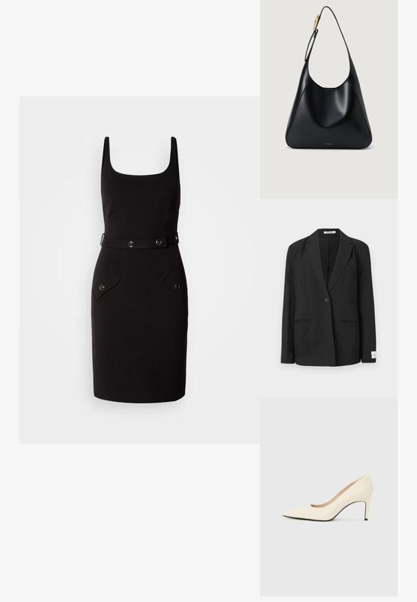Čierny sako s klopovým golierom, jedným gombíkom, dvoma prednými vreckami a obdĺžnikovou nášivkou na rukáve. Hladká textúra tkaniny.; Čierne priliehavé šaty so štvorcovým výstrihom, nastaviteľný opasok s okrúhlou sponou a dve predné vrecká s zaoblenými klopami.; Biele kožené lodičky na vysokom opätku s ostrou špičkou, hladkou textúrou a čiernym akcentom na podrážke. Klasický dizajn so strednou výškou opätku.; Čierna kožená taška cez rameno s hladkou textúrou, zakrivenou siluetou a zlatými kovovými akcentmi. Vytlačené logo značky sa nachádza na spodnej časti.