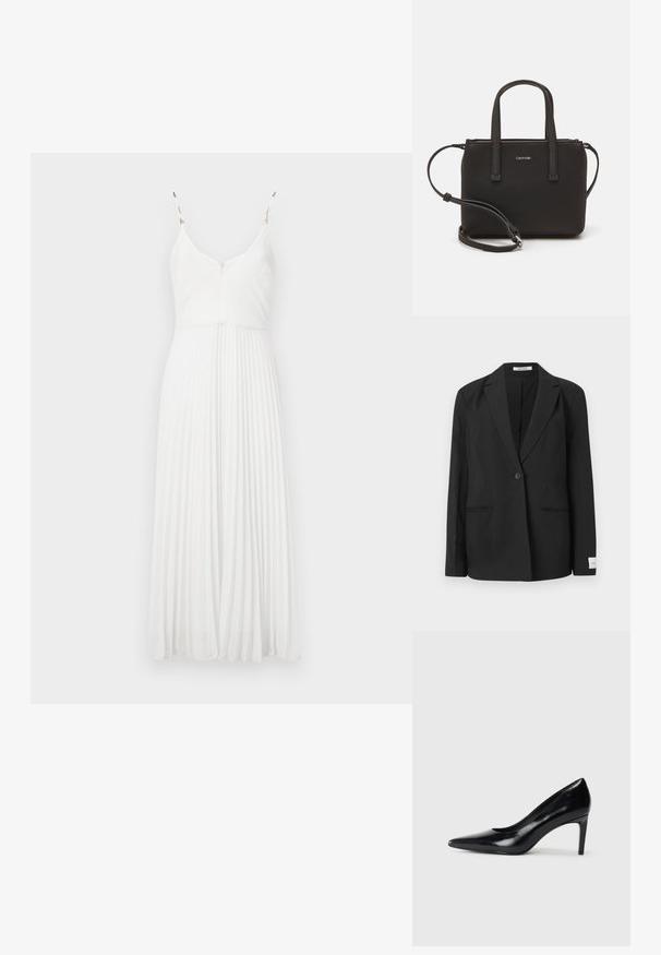Sort blazer med spids revers, enkelt knaplukning, to forlommer og et rektangulært badge på ærmet. Glat stoftekstur.; Hvid plisseret kjole med tynde stropper, V-hals og tekstureret stof. Har en tætsiddende liv og en svajende skirt.; Sort læder højhælede sko med spids tå, glat tekstur og en taperet hæl. Minimalistisk design uden yderligere udsmykninger.; Sort håndtaske med to korte håndtag og en aftagelig skulderrem. Glat læderagtigt materiale med lynlåslukning og logo detaljer.