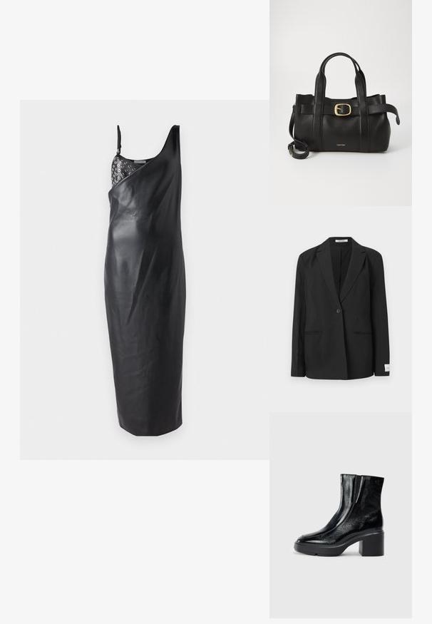 Svart blazer med notched lapel, enkel knappelukking, to frontlommer og en rektangulær merkelapp på ermet. Glatt tekstur.; Svart skinn midi-kjole med en enkelt skulderstropp, som har et dekorativt mønster av metalliske hull ved halsen og en glatt tekstur.; Sorte lakkskinn ankelstøvler med buet tå, elastiske sidestykker og en chunky klossheel. Har preget logo på baksiden.; Svart lærveske med en strukturert design, doble topphåndtak, gullfarget spenneakent og preget merke-logo foran.