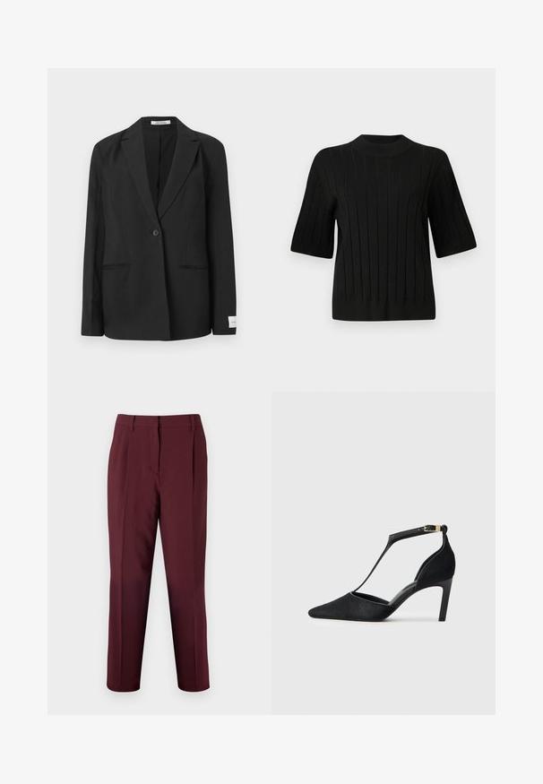 Blazer noir avec un col cranté, fermeture à un bouton, deux poches avant et un badge rectangulaire sur la manche. Texture de tissu lisse.; Pull noir à manches courtes avec une texture côtelée et un col montant, présentant des lignes verticales et une silhouette ajustée.; Bruuns Bazaar CINDYSUS DAGNY - Pantalon classique - sassafras; Pompe à talons hauts noirs avec un bout pointu, une fine sangle de cheville avec du matériel doré et une finition douce et texturée.