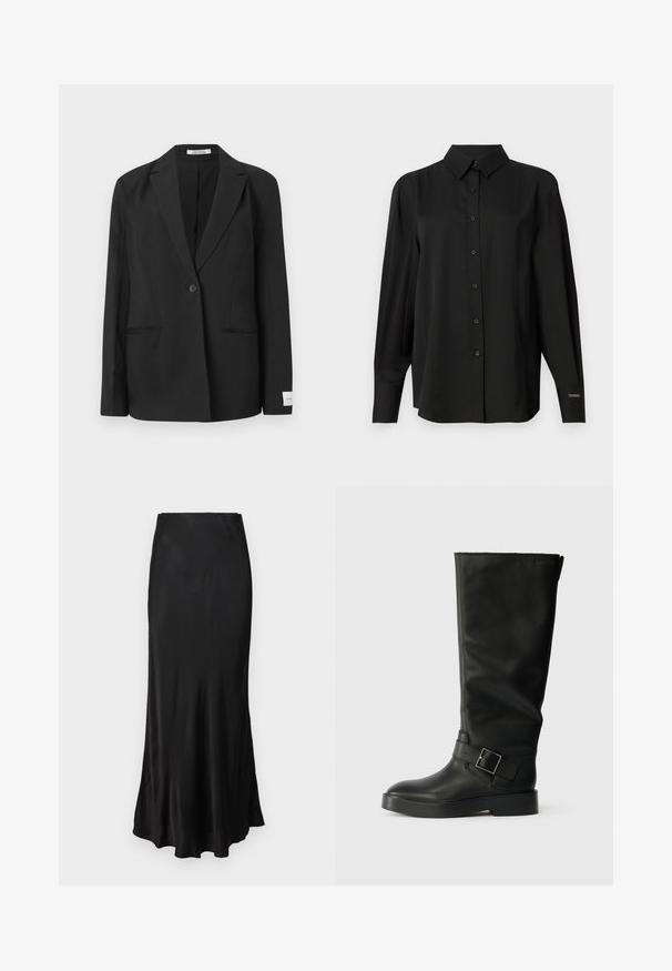 Crni blejzer s izrezanom reverom, jednim dugmetom, dva prednja džepa i pravokutnom oznakom na rukavu. Glatka tekstura tkanine.; Crna košulja s dugim rukavima od glatke tkanine, s klasičnim ovratnikom i prilagođenim krojem uz suptilne detalje na ramenima.; Crna maxi suknja od satena s glatkom teksturom, pristaje u struku, lagano se širi prema rubu s jednostavnim, čistim dizajnom.; Crne čizme do koljena napravljene od glatke kože, s okruglim vrhom, debelim đonom i horizontalnom trakom s detaljem u obliku pravokutne kopče.