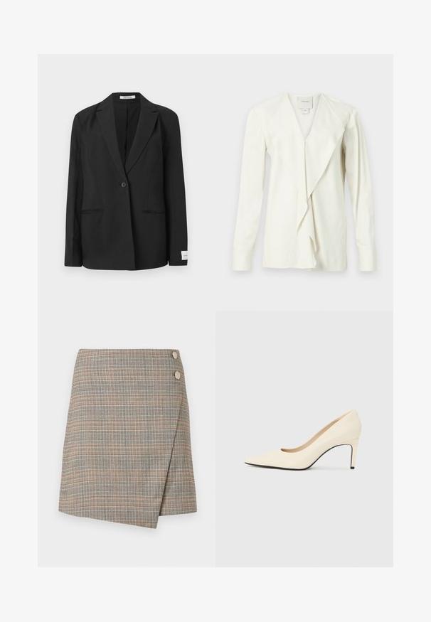 Black blazer with a notched lapel, single button closure, two front pockets, and a rectangular badge on the sleeve. Smooth fabric texture.; White long-sleeved blouse with a V-neck, featuring a draped front and fitted sleeves. Smooth fabric with a subtle sheen, tailored design.; Grey plaid wrap skirt with orange, brown, and cream lines. Features two large button accents on the waist and a clean finish.; White leather high-heeled pump with a pointed toe, smooth texture, and black sole accent. Classic design with a moderate heel height.