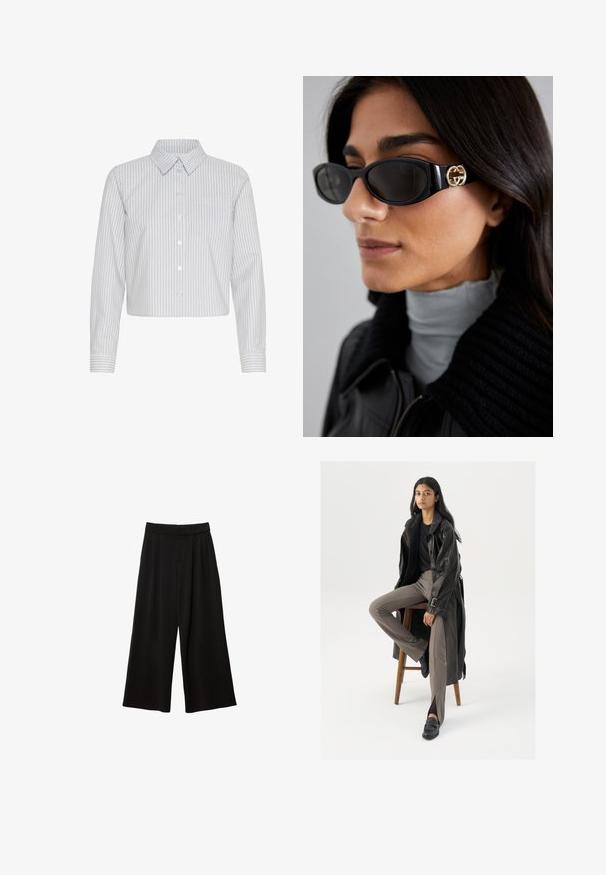 Schwarze Blazer mit Reverskragen, einreihigem Knopfverschluss, zwei vorderen Taschen und einem rechteckigen Abzeichen am Ärmel. Glatte Stoffstruktur.; Gekürzte Hemdbluse in Weiß mit vertikalen Navy-Streifen, mit Kragen und einer einzelnen Brusttasche. Lange Ärmel mit Manschettendetails.; Schwarze weit geschnittene Hosen mit hoher Taille, die Falten, eine glatte Textur und keine sichtbaren Taschen oder Verzierungen aufweisen.; Schwarzer Leder-Trenchcoat mit Knöpfen und Gürtel-Detail, kombiniert mit hellbraunen, taillierten Hosen und schwarzen Slippern, sitzt auf einem Holzschemel.; Schwarze Sonnenbrille mit einem schlanken rechteckigen Rahmen und einem goldenen Logo-Akzent an der Seite. Dunkle Gläser und glänzende Oberfläche sind auffällig.