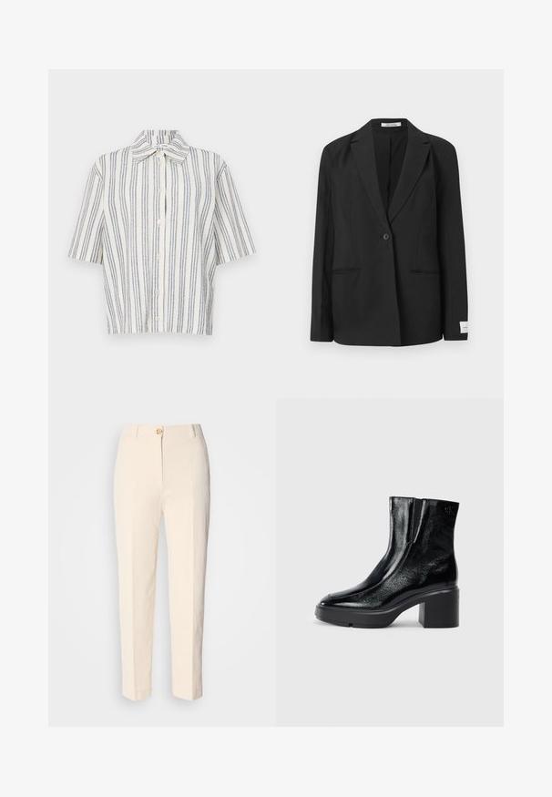 Svart blazer med notched lapel, enkel knappelukking, to frontlommer og en rektangulær merkelapp på ermet. Glatt tekstur.; Kortermet skjorte med knapper som har en kremfarget base med marineblå vertikale striper. Laget av lett materiale med standard krage og løs passform.; Kremfargede, høy-taljede bukser laget av teksturert stoff. Har lukking med frontknapp og avsmalnende ben.; Sorte lakkskinn ankelstøvler med buet tå, elastiske sidestykker og en chunky klossheel. Har preget logo på baksiden.