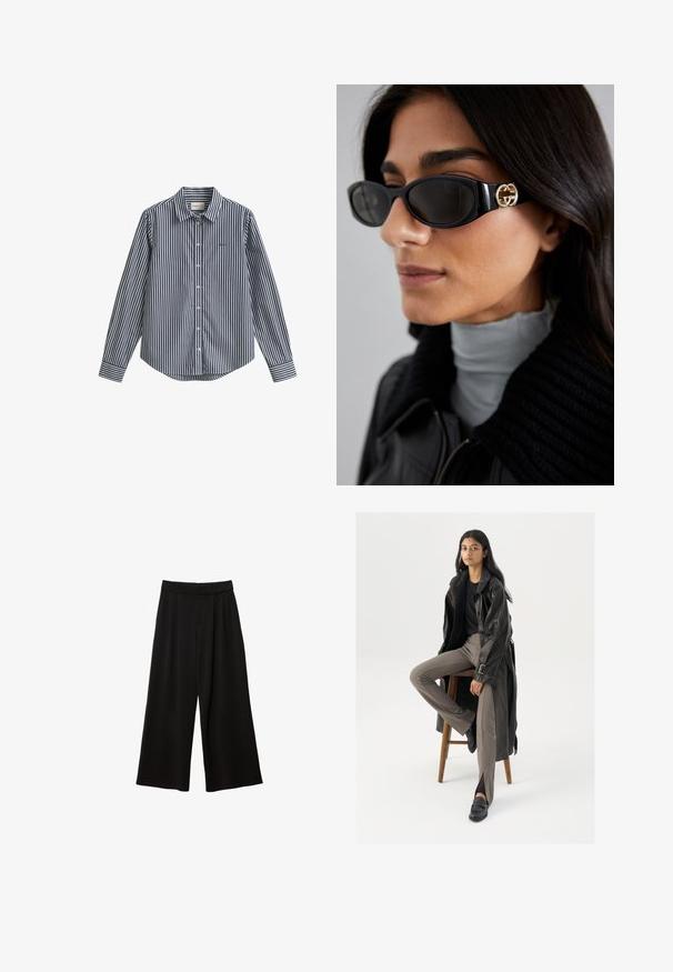 Sort blazer med spids revers, enkelt knaplukning, to forlommer og et rektangulært badge på ærmet. Glat stoftekstur.; Marineblå og hvide stribet skjorte med knapper, krave, lange ærmer og afrundet kant. Har en lille logo på brystet.; Sorte bredde-bukser med høj talje, der har læg, en glat tekstur, og uden synlige lommer eller pynt.; Sort læder trench coat med knapper og bælte detalje, parret med lysebrune tætsiddende bukser og sorte loafers, siddende på en træstol.; Sorte solbriller med en strømlinet rektangulær ramme og en guld logoaccent på siden. Mørke linser og blank overflade er fremtrædende.