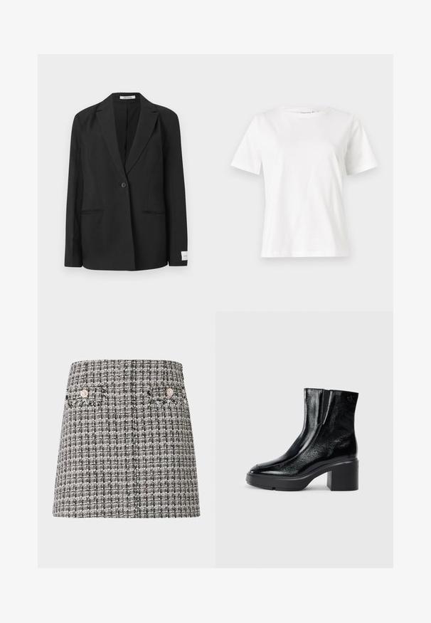Black blazer with a notched lapel, single button closure, two front pockets, and a rectangular badge on the sleeve. Smooth fabric texture.; White cotton t-shirt with short sleeves, round neckline, and a relaxed fit. Smooth texture, no patterns or accents, minimalistic design.; Tweed mini skirt in black and white with a textured pattern. Features two small pockets with decorative embellishments.; Black patent leather ankle boots with a curved toe, elastic side panels, and a chunky block heel. Features embossed logo on the back.