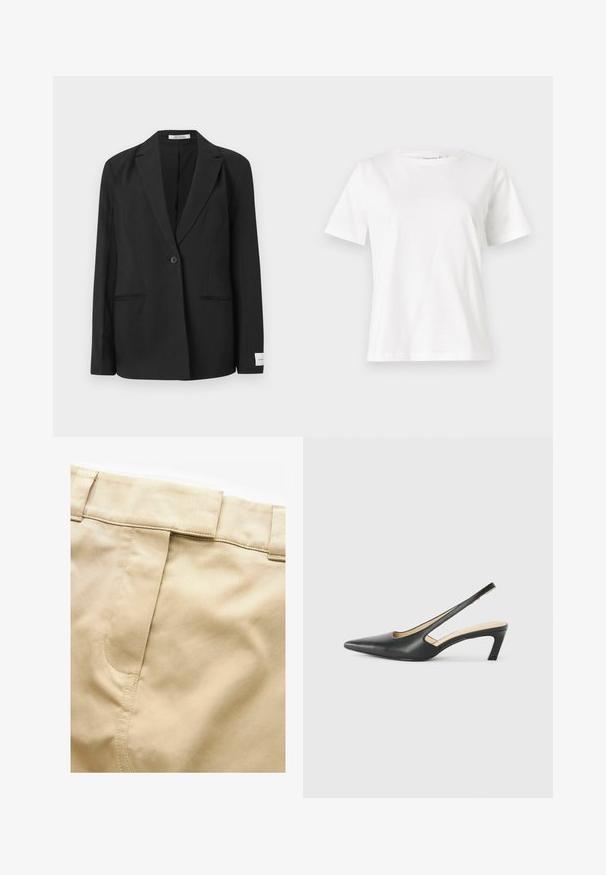 Sacou negru cu rever înclinat, închidere cu un singur buton, două buzunare frontale și un ecuson rectangular pe mânecă. Textură de țesătură netedă.; Tricou alb din bumbac cu mâneci scurte, guler rotund și o croială relaxată. Textură netedă, fără imprimeuri sau accente, design minimalist.; Next UTILITY REGULAR FIT - Fustă maxi - stone; Pantof cu toc mic, cu vârf ascuțit și slingback, realizat din piele netedă, având un design decupat pe lateral pentru respirabilitate.