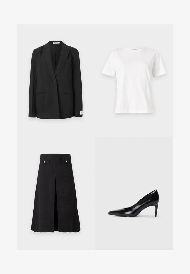 Fekete blézer kihajtott gallérral, egygombos záródással, két elülső zsebbel és téglalap alakú jelvénnyel az ujjon. Sima szövettextúra.; Fehér pamut póló rövid ujjakkal, kerek nyakkivágással és laza szabással. Sima textúra, nincsenek minták vagy díszítések, minimalista dizájn.; Fekete, térdig érő szoknya texturált anyagból, elöl hasítékkal és két fémes díszítéssel a derékrészen. Tiszta, az öltönyhöz illő dizájn jellemzi.; Fekete bőr magassarkú cipő, hegyes orral, sima textúrával és kúpos sarkal. Minimalista dizájn, nincsenek további díszítések.