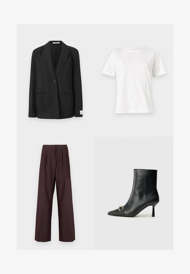 Black blazer with a notched lapel, single button closure, two front pockets, and a rectangular badge on the sleeve. Smooth fabric texture.; White cotton t-shirt with short sleeves, round neckline, and a relaxed fit. Smooth texture, no patterns or accents, minimalistic design.; Wide-leg trousers in dark burgundy fabric. Features a flat waistband and front pleats. Smooth texture with a tailored design.; Black leather ankle boot with pointed toe, slim mid-height heel, and silver buckle detail on side against plain background.