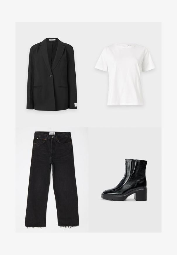 Blazer preto com lapela ponta de faca, fecho de botão único, dois bolsos frontais e um crachá retangular na manga. Textura de tecido suave.; T-shirt de algodão branco com mangas curtas, decote redondo e um corte descontraído. Textura suave, sem padrões ou detalhes, design minimalista.; Calças jeans largas de cintura alta, pretas, com bainha desfiada, cinco bolsos e fecho com botão de metal. Feitas de tecido de denim com uma ligeira textura.; Botas de tornozelo de verniz preto com ponta curva, painéis laterais elásticos e um salto quadrado robusto. Apresenta um logotipo em relevo na parte de trás.