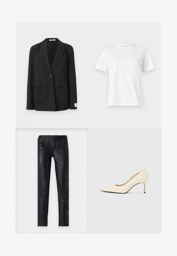 Črn blazer z obrobnim ovratnikom, zapiranjem na en gumb, dvema sprednjima žepoma in pravokotno značko na rokavu. Gladek tekstil.; Bela bombažna majica s kratkimi rokavi, okroglo izrezana in ohlapnega kroja. Gladka tekstura, brez vzorcev ali dodatkov, minimalističen dizajn.; Črne hlače iz umetnega usnja z vzorcem kačjega usnja, ožji kroj, standardni pet-pocket slog in z gumbom za zapiranje.; Beli usnjeni čevlji s peto in ostrim nosom, gladka tekstura ter črn podplat. Klasičen dizajn z zmerno višino pete.