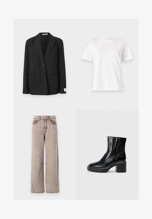 Blazer preto com lapela ponta de faca, fecho de botão único, dois bolsos frontais e um crachá retangular na manga. Textura de tecido suave.; T-shirt de algodão branco com mangas curtas, decote redondo e um corte descontraído. Textura suave, sem padrões ou detalhes, design minimalista.; Calças de denim de perna larga e cintura alta em castanho claro, com uma textura subtil, design de cinco bolsos e costura visível.; Botas de tornozelo de verniz preto com ponta curva, painéis laterais elásticos e um salto quadrado robusto. Apresenta um logotipo em relevo na parte de trás.
