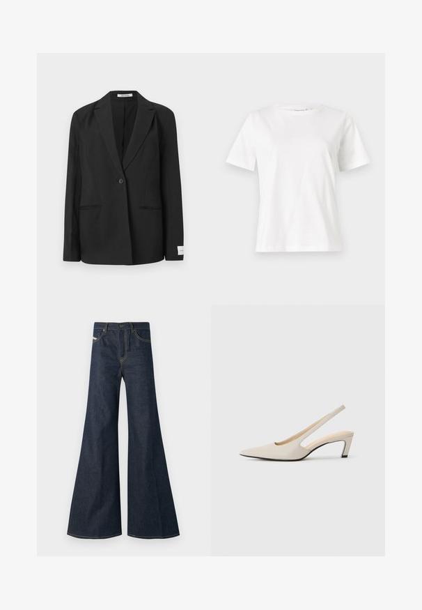 Sacou negru cu rever înclinat, închidere cu un singur buton, două buzunare frontale și un ecuson rectangular pe mânecă. Textură de țesătură netedă.; Tricou alb din bumbac cu mâneci scurte, guler rotund și o croială relaxată. Textură netedă, fără imprimeuri sau accente, design minimalist.; Jeans negri închis, evazați, din denim, având talie înaltă, accente din fir auriu și două buzunare frontale cu închidere prin buton.; Pantof cu varf ascuțit și bretea în spate, din piele bej, având un design cu decupaje, toc bloc de 5 cm și o textură netedă. Accente negre pe talpă.