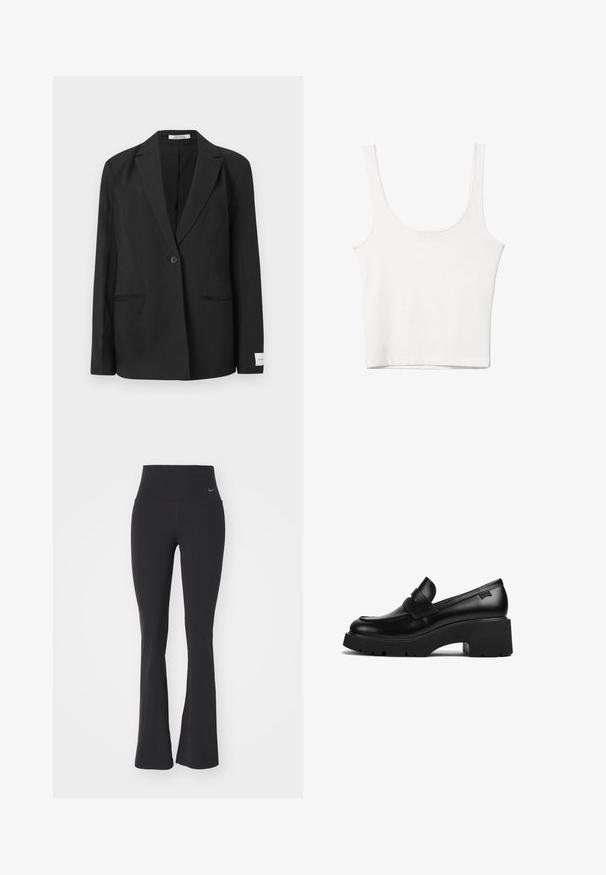 Schwarze Blazer mit Reverskragen, einreihigem Knopfverschluss, zwei vorderen Taschen und einem rechteckigen Abzeichen am Ärmel. Glatte Stoffstruktur.; Weißes Baumwoll-Top mit Rundhalsausschnitt, ohne Ärmel und figurbetontem Schnitt. Glatte Textur, schlichtes Design und minimale Nähdetails.; Schwarze Yogahosen mit hohem Bund, aus dehnbarem Material. Besitzt ein ausgestelltes Design und ein kleines Nike-Logo am Bund.; Schwarze Leder-Loefer mit klobigem Absatz, dicker Sohle und einem Riemen über der Oberseite, seitlich auf einem weißen Hintergrund gezeigt.