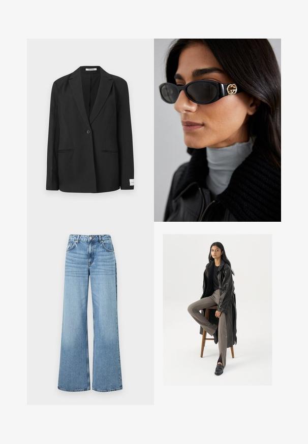 Musta bleiseri, jossa on hapsureunus, yksittäinen nappikiinnitys, kaksi etutaskua ja suorakulmainen merkki hihassa. Sileä kangasrunko.; Valkoinen puuvillainen hihaton toppi, jossa on pyöristetty pääntie, ei hihoja ja vartalonmyötäinen muoto. Sileä pinta, yksinkertainen muotoilu ja vähäiset ompeluyksityiskohdat.; Vaaleansiniset leveälahkeiset farkut, jotka on valmistettu denimistä. Niissä on korkea vyötärö, viisi taskua ja hienovarainen haalistunut pinta, jossa on niittivarusteet.; Musta nahkastakki, jossa on napit ja vyöyksityiskohtia, yhdistettynä vaaleanruskeisiin slim-fit-housuihin ja mustiin loafereihin, istuu puupenkillä.; Mustat aurinkolasit, joissa on tyylikäs suorakulmainen kehys ja kultainen logo-akkentti sivussa. Tumma linssit ja kiiltävä pinta ovat huomattavissa.