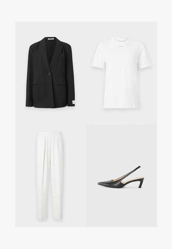 Juodas švarkas su iškirpta apykakle, vienu mygtuko užsegimu, dviem priekiniais kišenėmis ir stačiakampiu ženkleliu ant rankovės. Lygi audinio tekstūra.; Baltas medvilninis marškinėliai su apykakle, trumpomis rankovėmis ir mažu juodu "Calvin Klein" logotipu krūtinėje. Paprastas dizainas, be raštų.; Baltos elastinės kelnės su tiesia sijono forma, pagamintos iš minkštos medžiagos, su subtiliais priekiniais raukšlėmis, suteikiančiomis papildomo tekstūros ir dizaino akcento.; Juodas smailus slingback batelis su žemu kulnu, pagamintas iš lygaus odos paviršiaus ir su išpjovomis šone, užtikrinančiomis oro pralaidumą.