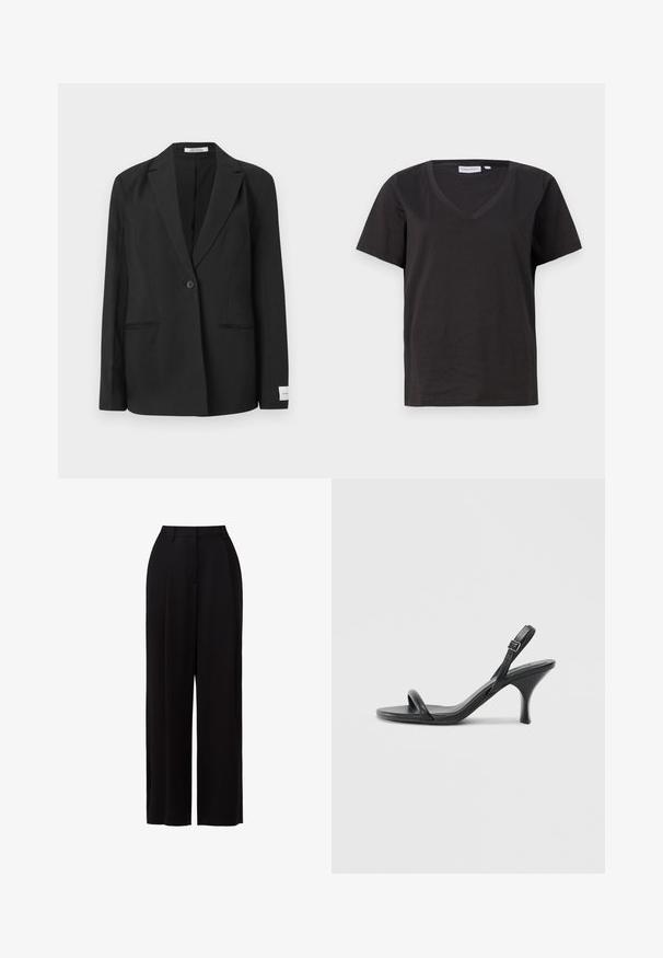 Fekete blézer kihajtott gallérral, egygombos záródással, két elülső zsebbel és téglalap alakú jelvénnyel az ujjon. Sima szövettextúra.; Fekete pamut póló V-nyakkal és rövid ujjakkal. Egyszerű dizájn, normál fazon, minta vagy díszítés nélkül.; Fekete, bő szárú nadrág könnyű anyagból, magas derékkal, elülső pliszékkel és minimalista kialakítással, látható zsebek vagy fém kiegészítők nélkül.; Fekete bőrből készült, magassarkú szandál, vékony, ívelt sarokkal és keresztben átkötött pántokkal. Állítható bokapánt. Sima felület.