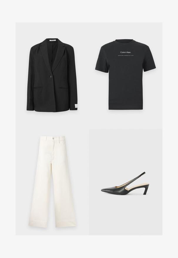 Blazer negro con solapa de muesca, cierre de un solo botón, dos bolsillos frontales y una placa rectangular en la manga. Textura de tela suave.; Camiseta de algodón negra con cuello redondo, mangas cortas y logo impreso en blanco de "Calvin Klein" junto con el texto "Establecido en 1968".; Pantalones de pierna ancha en algodón beige claro. Presenta una cintura alta, bolsillos frontales y un corte recto. Acabado de dobladillo limpio sin patrones.; Zapato negro de punta afilada tipo slingback con un tacón bajo, que presenta un material de cuero suave y un diseño recortado en el lateral para mayor transpirabilidad.