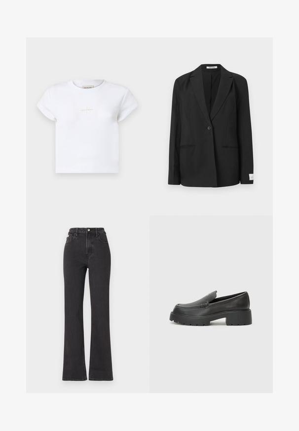 Mustmustööp, millel on lõikega krae, ühe nupuga kinnitamine, kaks esikotit ja ristkülikukujuline insignia varrukal. Sile kangas.; Valgest puuvillast lühikeste varrukatega T-särk, mille esiküljel on peene kuldse "Calvin Klein" логo ja ümar kaelus.; Mustad kõrge vöökohaga laienevad teksapüksid, mis on valmistatud denimist, varustatud nööbiga kinnitamise, vöörihmade ja küljetaskutega. Sile tekstuur minimaalse pleekimisega.; Mustad nahast loafers ümarate varvastega, paksu tekstuuriga tald ja minimaalsete õmbluse detailidega. Viimistletud disain, kus pole nähtavaid paelu ega riistu.