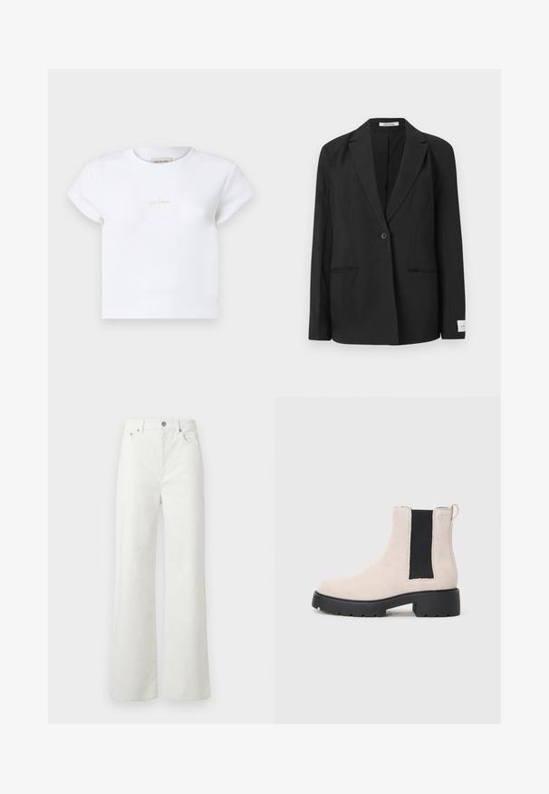 Svart blazer med notched lapel, enkel knappelukking, to frontlommer og en rektangulær merkelapp på ermet. Glatt tekstur.; Hvit bomullskortermet t-skjorte med en subtil gull "Calvin Klein" logo på forsiden og rund halslinning.; Samsøe Samsøe SHELLY - Jeans relaxed fit - clear cream; Beige semsket Chelsea-støvel med svart elastisk sidepanel, kraftig svart såle og trekkflik ved ankelen.