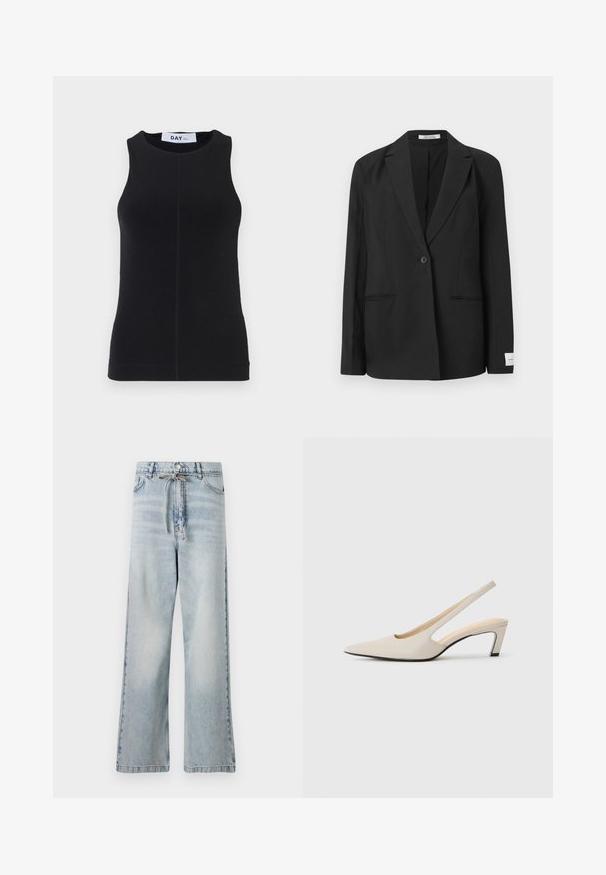 Črn blazer z obrobnim ovratnikom, zapiranjem na en gumb, dvema sprednjima žepoma in pravokotno značko na rokavu. Gladek tekstil.; Črna brezrokavnica iz gladkega blaga, s krožnim izrezom, prilegajočim se krojem in subtilnim šivanjem ob straneh.; Svetlo modre široke kavbojke iz denima, ki imajo visok pas, sprednje žepe in detajl z vrvico pri pasu. Imajo obrabljen videz.; Bež usnjene čevlje s koničastim nosom in odprtim petnim delom, ki se ponašajo z izrezljanim oblikovanjem, 5 cm blok peto in gladko teksturo. Črni podplat akcenti.