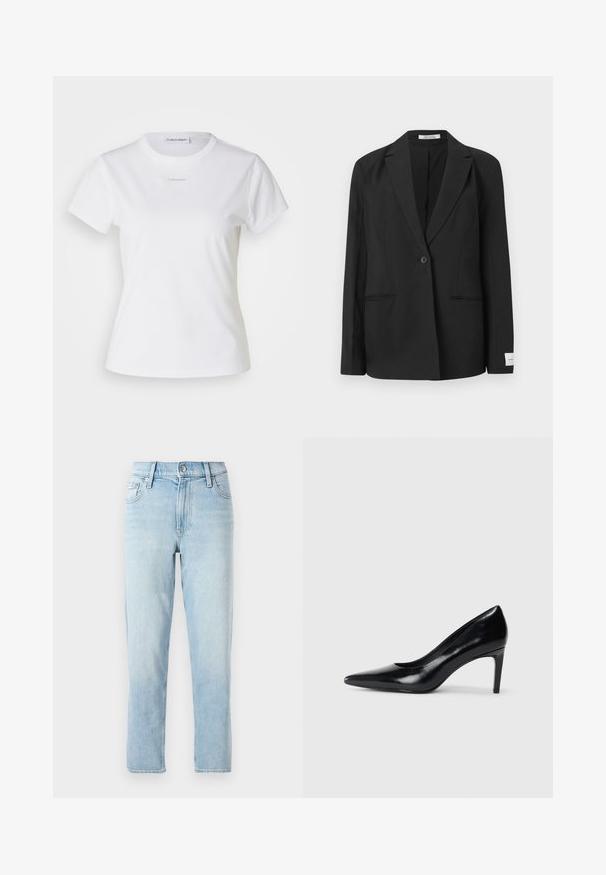 Černý blazer s klopu, jedním knoflíkovým zapínáním, dvěma předními kapsami a obdélníkovou nášivkou na rukávu. Hladká textura látky.; Bílá bavlněná tričko s kulatým výstřihem a krátkým rukávem. Má vyšívané logo v světle šedé na hrudi. Hladká textura.; Světle modré denimové džíny, rovný střih, střední výška pasu, s pěti kapsami a zapínáním na knoflík vpředu.; Černé kožené boty na vysokém podpatku s špičatou špičkou, hladkým povrchem a zúženým podpatkem. Minimalistický design, bez dalších ozdob.