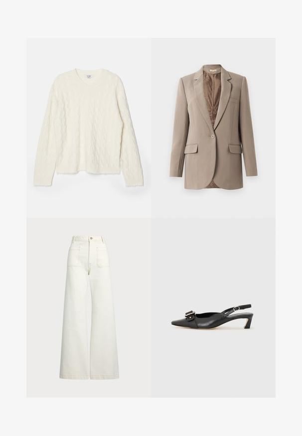 Sima anyagból készült bézs blézer, amelynek csúcsos hajtókája, egy gombos zárása és két elülső zsebe van, kontrasztos barna béléssel.; RE/DONE CABLE VNECK - Pulóver - ivory; Széles szárú farmernadrág off-white denim anyagból. Magas derekú dizájn, gombos záródással, két elülső zsebbel és kontrasztos varrási részletekkel.; Fekete bőr szandál kis sarkú, hegyes orral, díszes csattal a felsőrészen. Simább textúra, minimalista design.