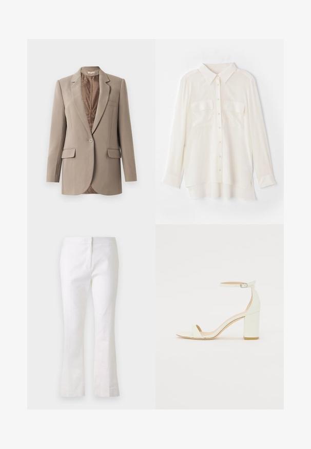 Beige blazer made from smooth fabric, featuring a notched lapel, single button closure, and two front pockets, with a contrasting brown lining.; White button-up shirt made of lightweight fabric. Features a classic collar, two chest pockets, and a slightly longer back hem.; White flared pants made from lightweight fabric. Features a flat front with a zipper closure and smooth texture. Simple and clean design.; White leather block-heel sandal featuring an ankle strap with a buckle and minimalist design. Open toe and smooth textures throughout.